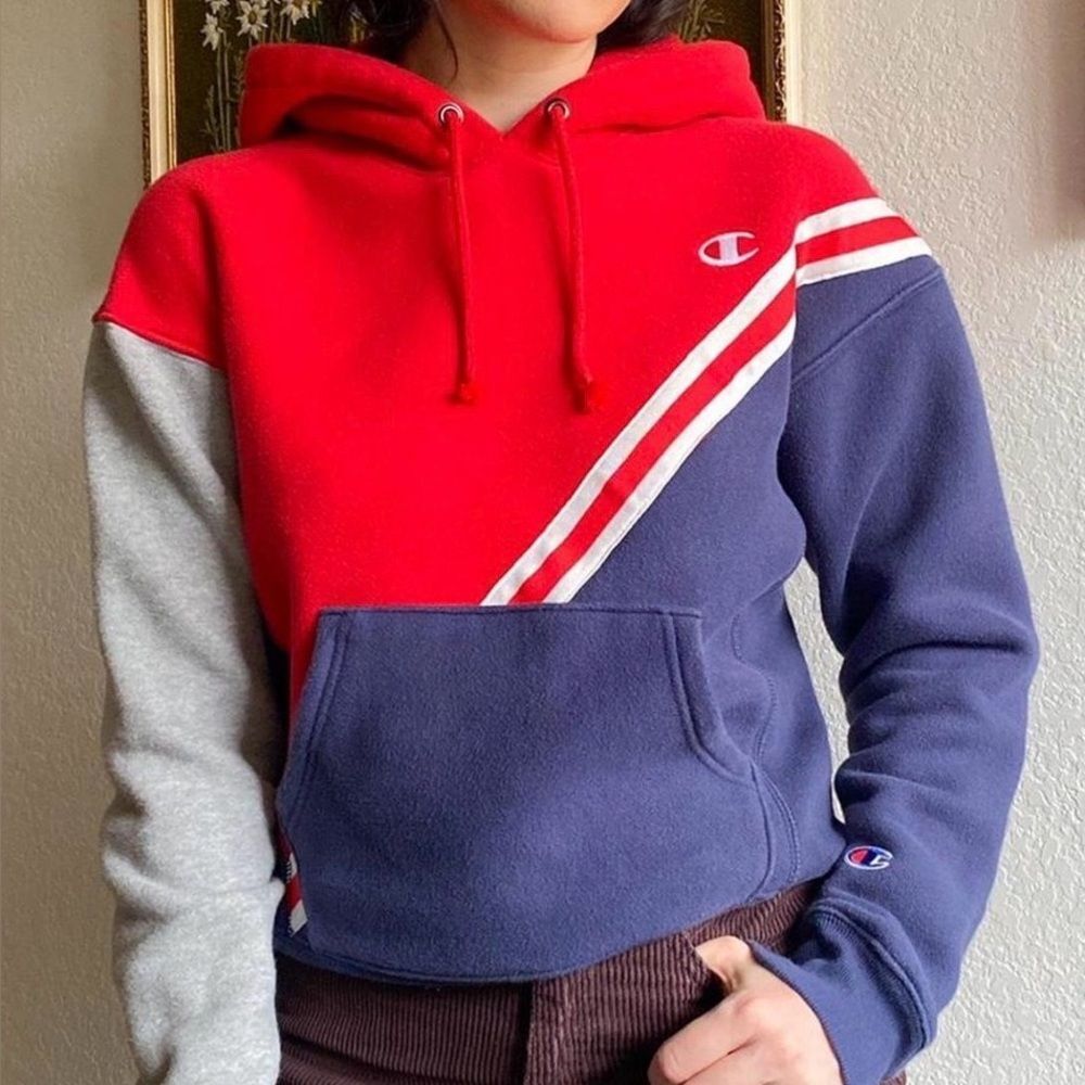 Vintage 90’s Champion Red White & Blue Reverse Weave Hoodie Size Small